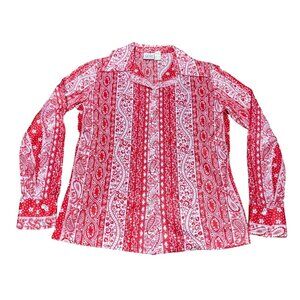 Vtg Graff Red White Filagree Blouse Sz 6 1970s Spear Point Collar Long Sleeve